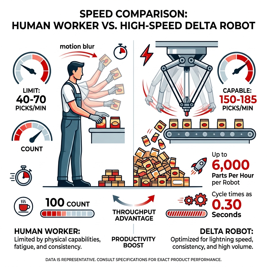 Infographic showing speed comparisons between human workers and high-speed delta robots - pick and place industrial robot