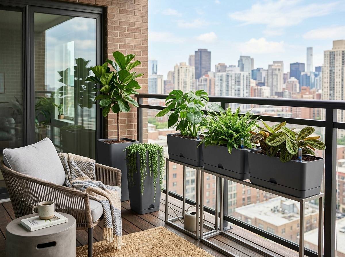 Sleek self-watering planters on a modern apartment balcony - self watering planters uk