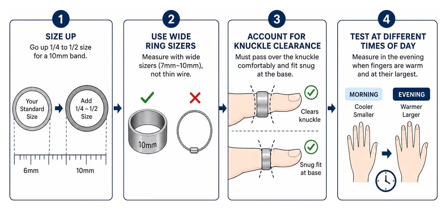 Diagram showing step-by-step process of sizing an extra-wide 10mm ring including sizing up and knuckle fit Diagram showing step-by-step process of sizing an extra-wide 10mm ring including sizing up and knuckle fit