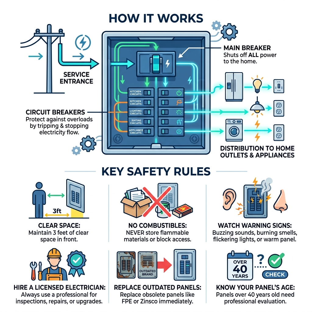 infographic showing how an electrical panel works and key safety rules for homeowners - Electrical panel safety infographic infographic showing how an electrical panel works and key safety rules for homeowners - Electrical panel safety infographic