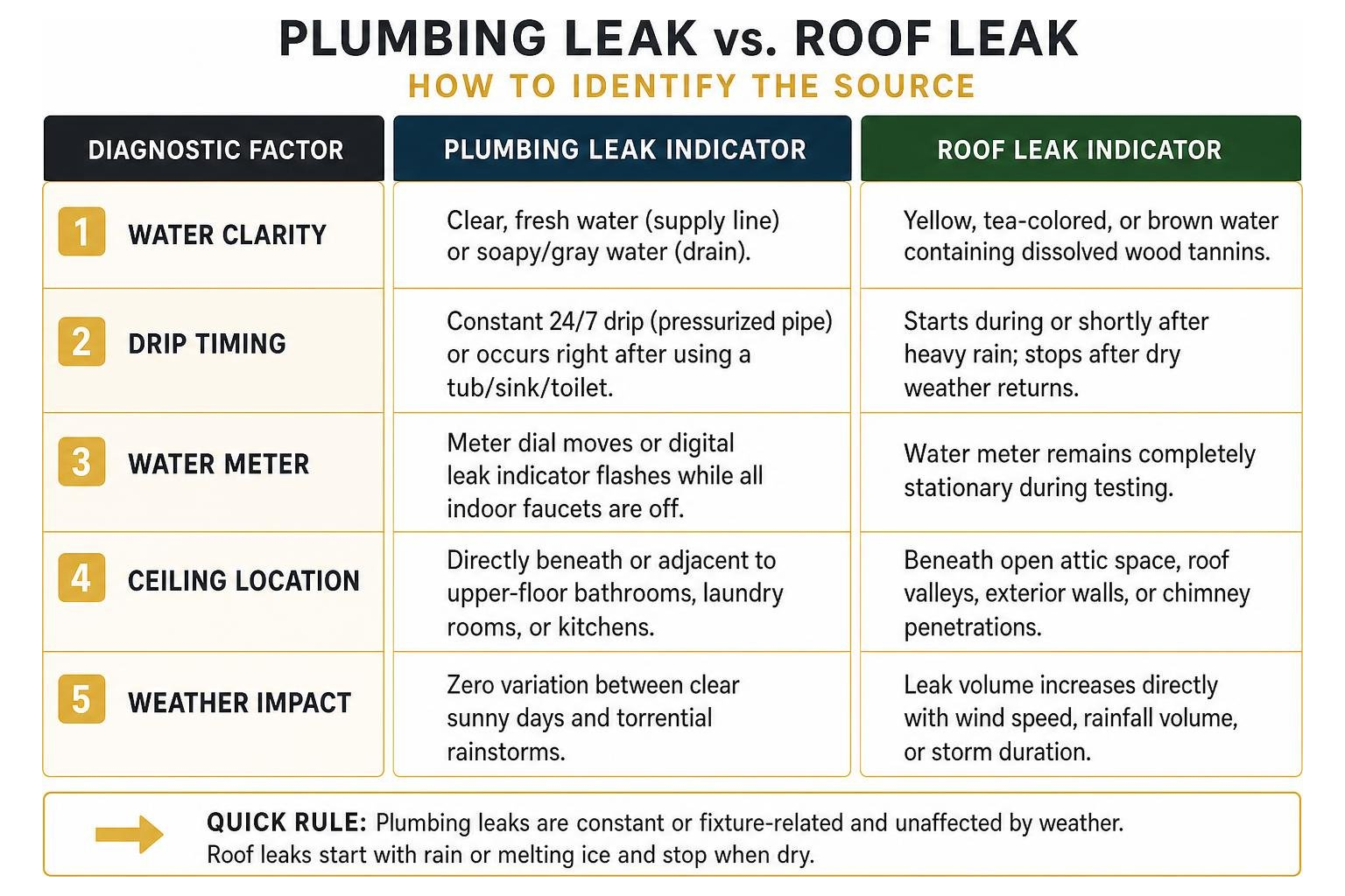 Comparing plumbing leak vs roof leak indicators