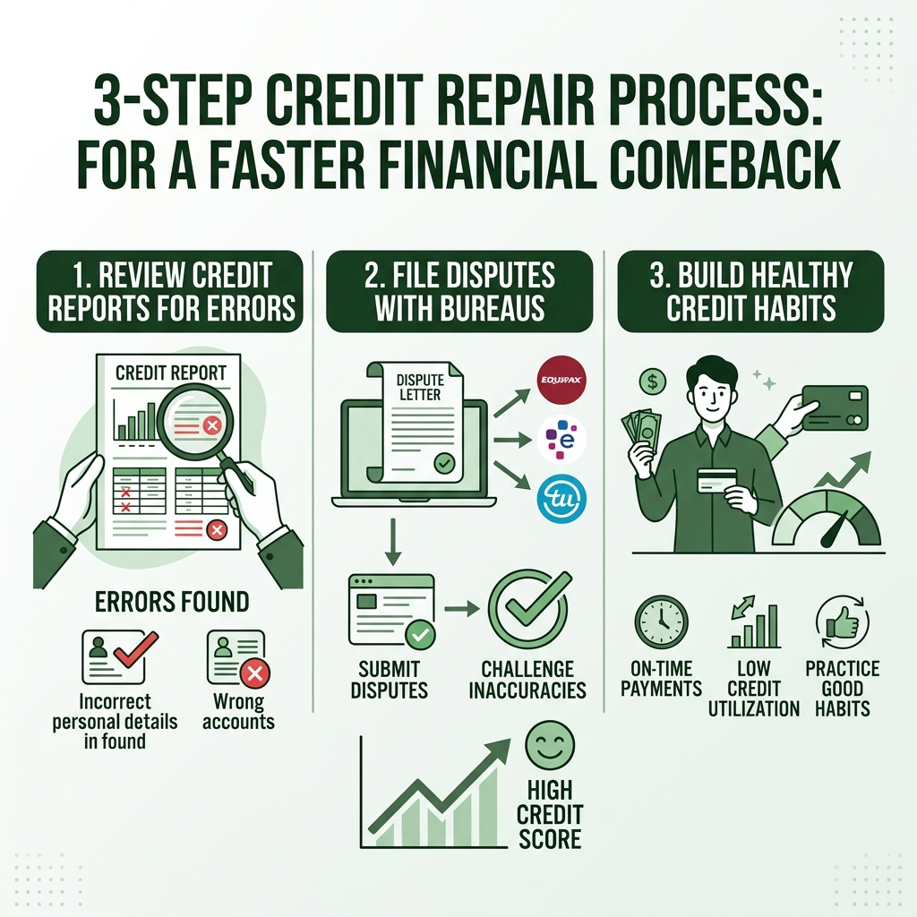 3-step credit repair process infographic showing: 1. Review credit reports for errors, 2. File disputes with bureaus, 3. 3-step credit repair process infographic showing: 1. Review credit reports for errors, 2. File disputes with bureaus, 3.
