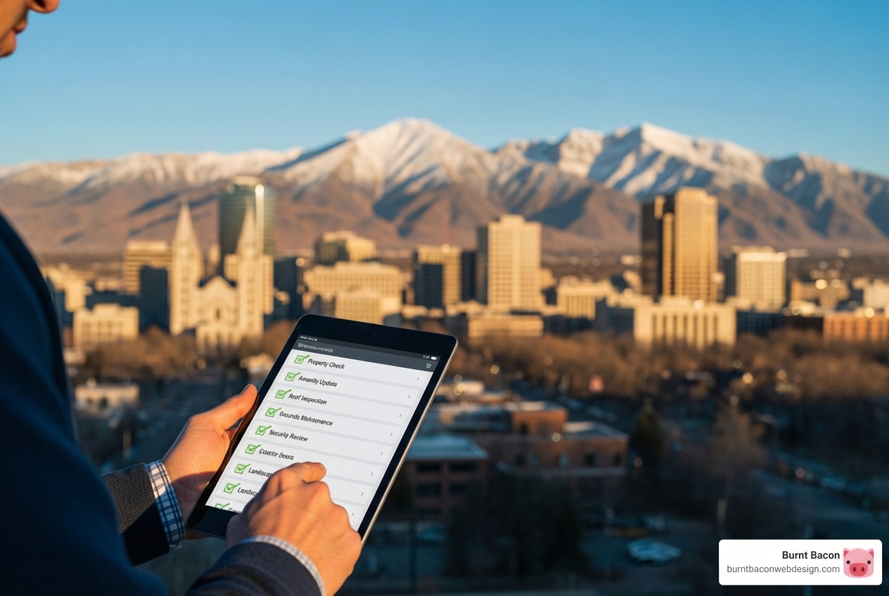 Image of a person reviewing a checklist on a tablet with SLC in the background - salt lake city seo