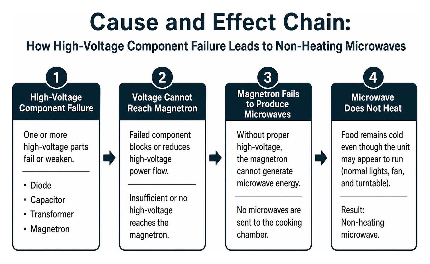 Cause and effect chain showing how high-voltage component failure leads to non-heating microwaves