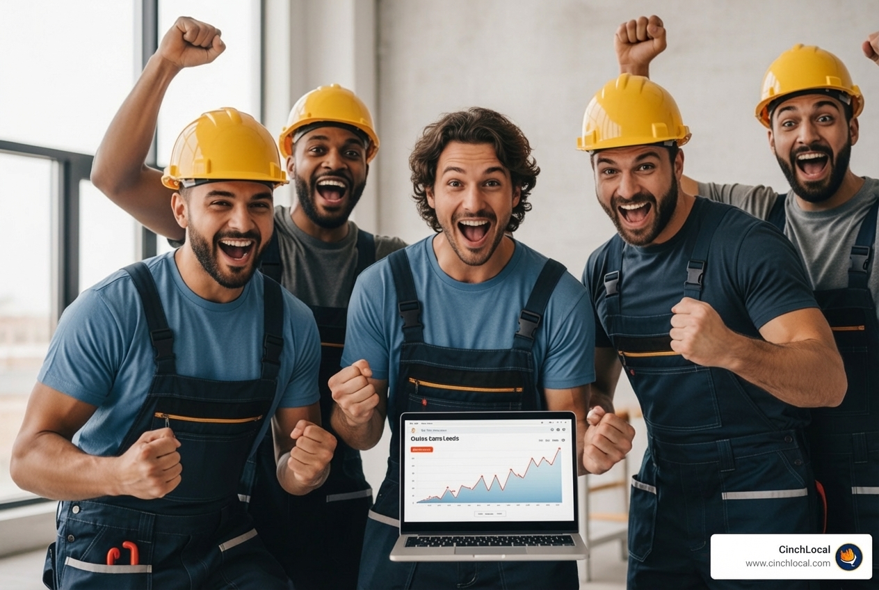 Roofing team celebrating a new contract, with a laptop showing increased online leads, symbolizing digital marketing success - digital marketing company local seo services
