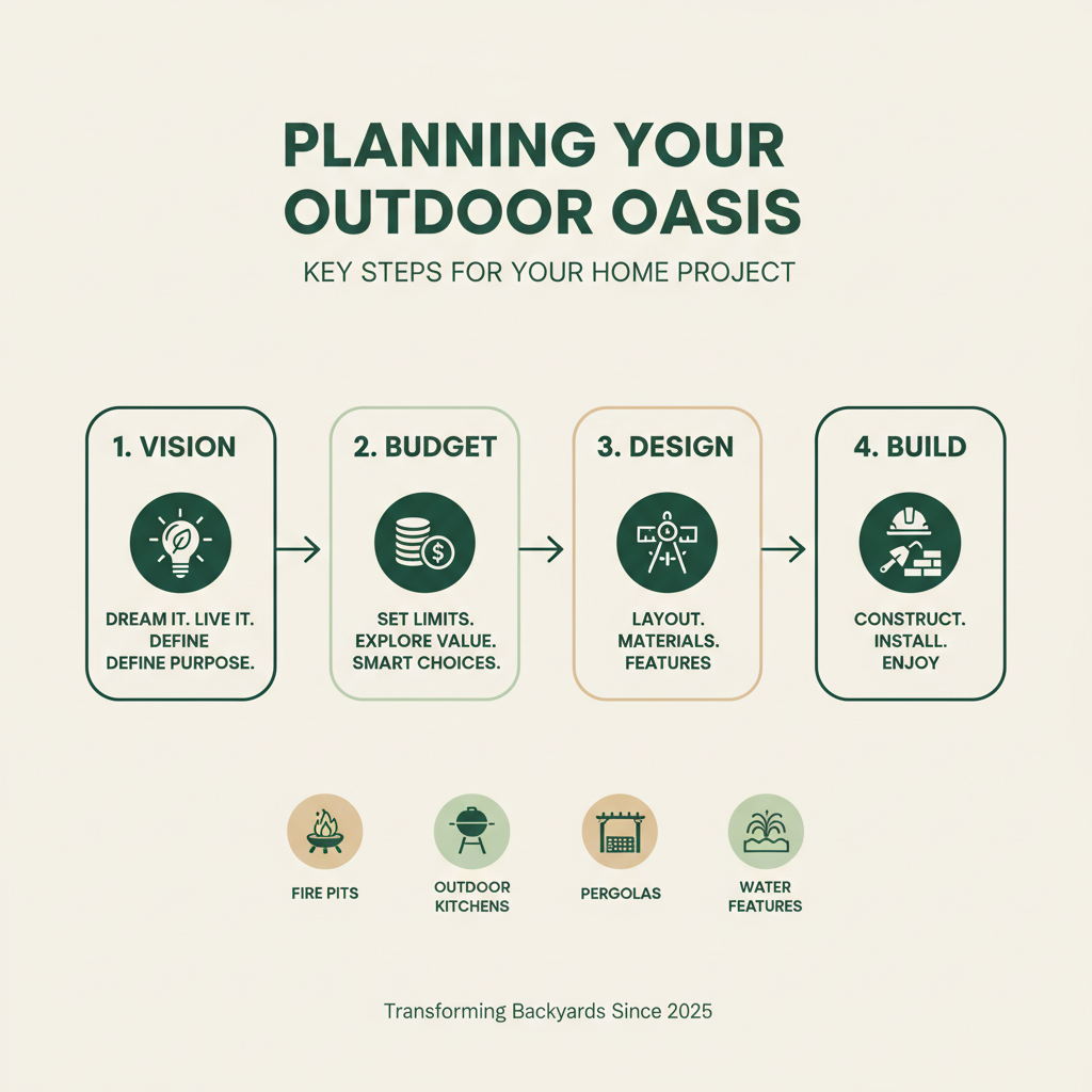 infographic explaining the key steps to planning an outdoor project (Vision > Budget > Design > Build) - backyard patio builders infographic 