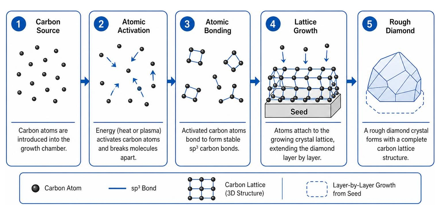Diagram showing carbon lattice bonding and growth process in lab chambers Diagram showing carbon lattice bonding and growth process in lab chambers