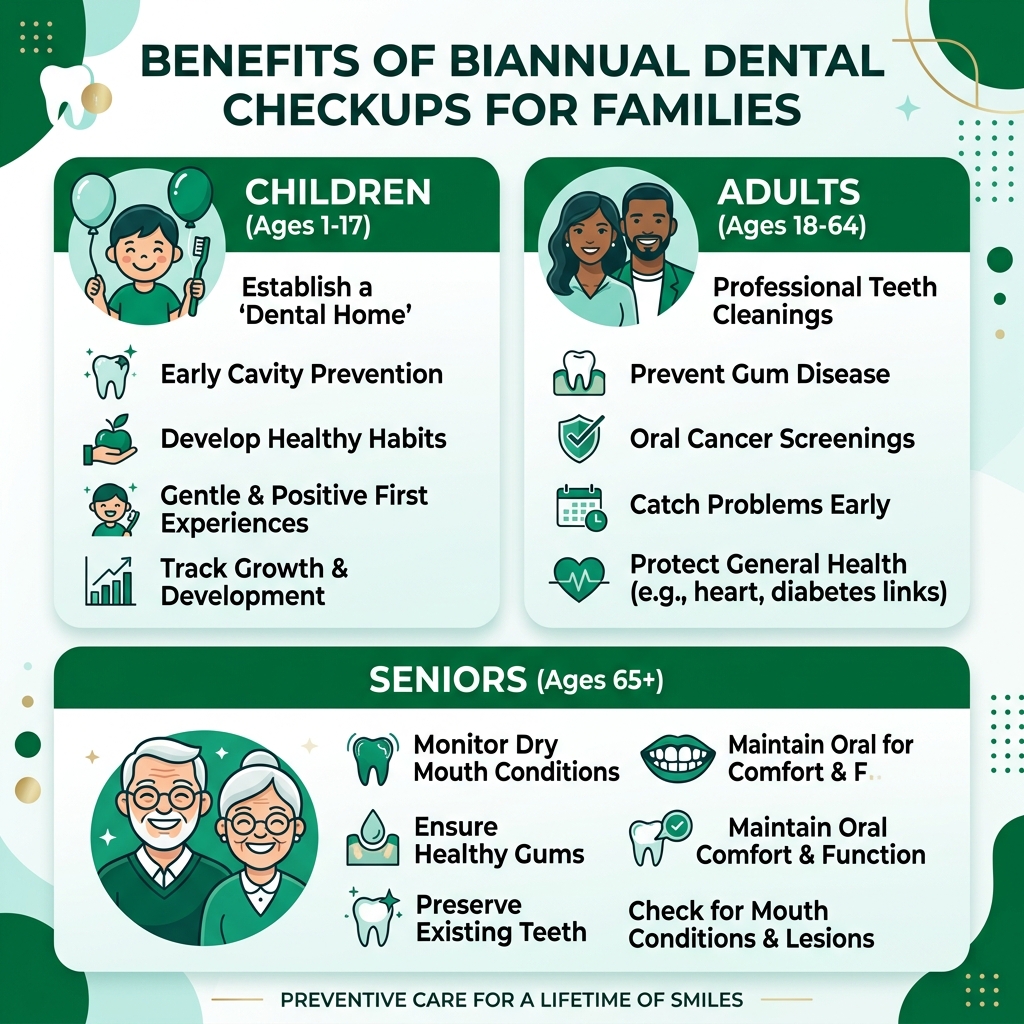 Infographic showing benefits of biannual dental checkups for families by age group - routine dental visits families