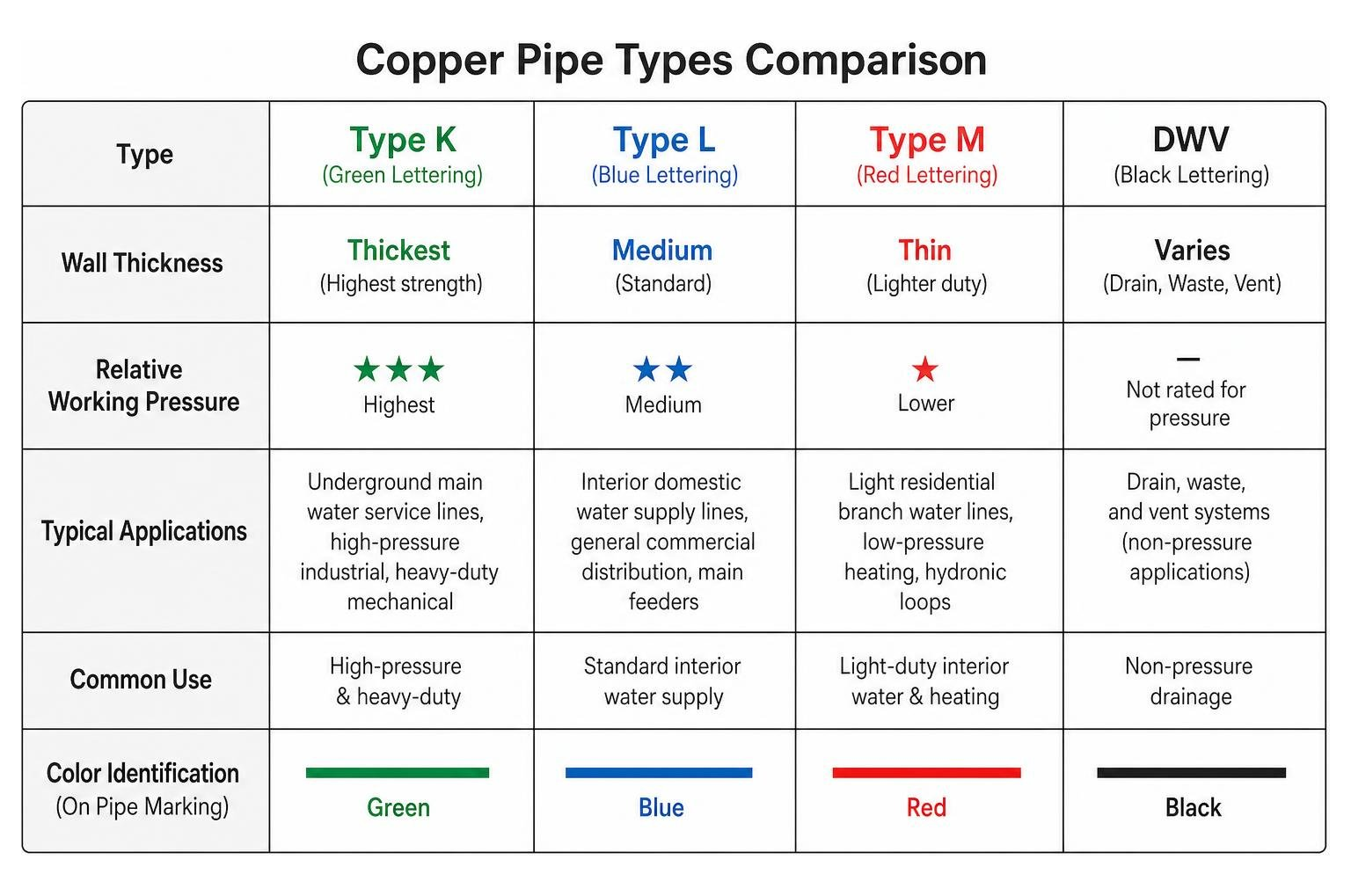 Copper pipe types comparison matrix Copper pipe types comparison matrix