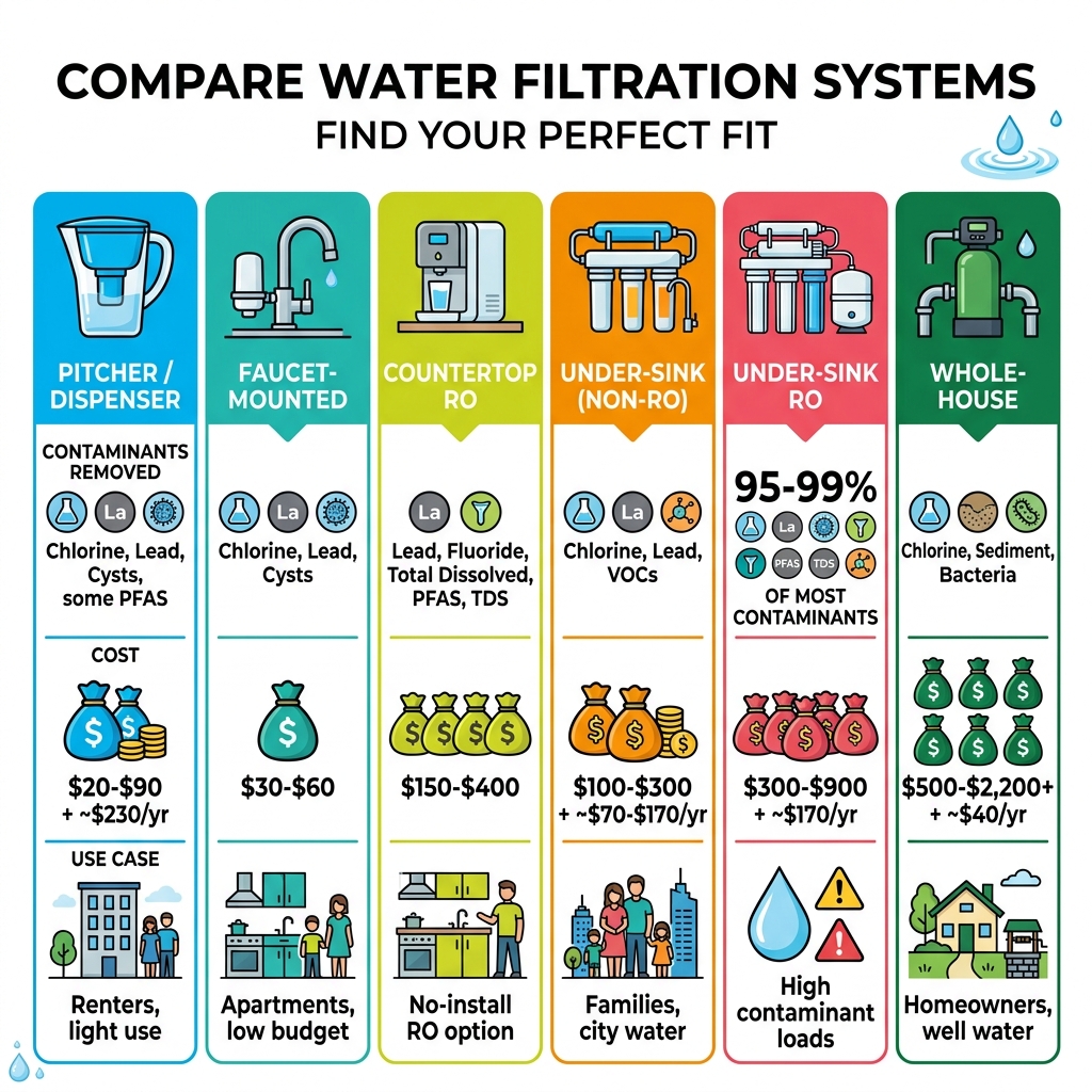 Comparison infographic of water filtration system types by contaminant removal, cost, and use case - compare water Comparison infographic of water filtration system types by contaminant removal, cost, and use case - compare water