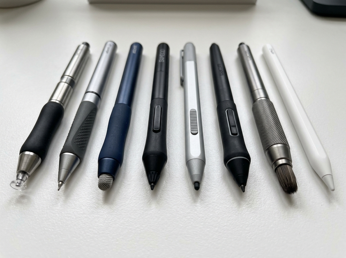 various digital stylus designs showing different tip types and grips - digital notepad with pen