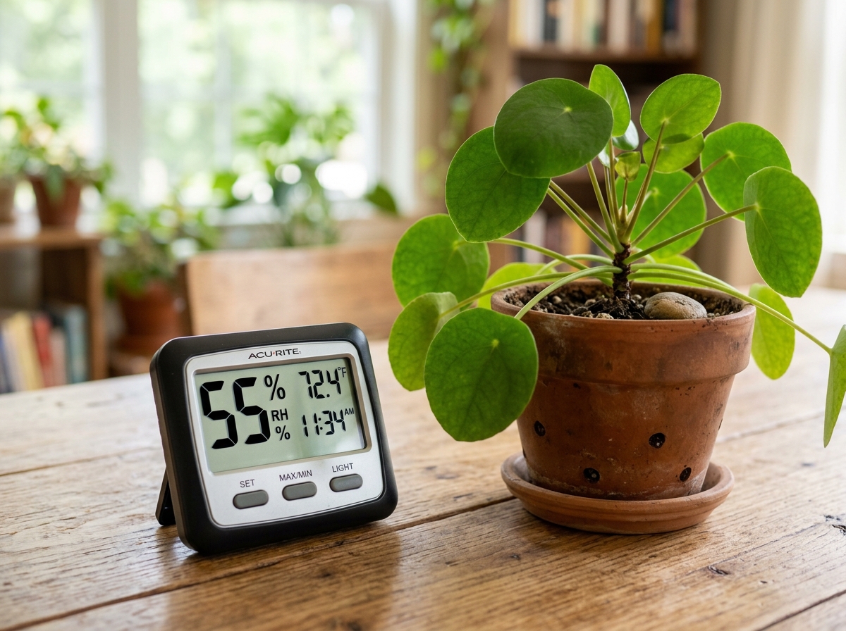 digital hygrometer showing 55 percent humidity - indoor plant humidity chart