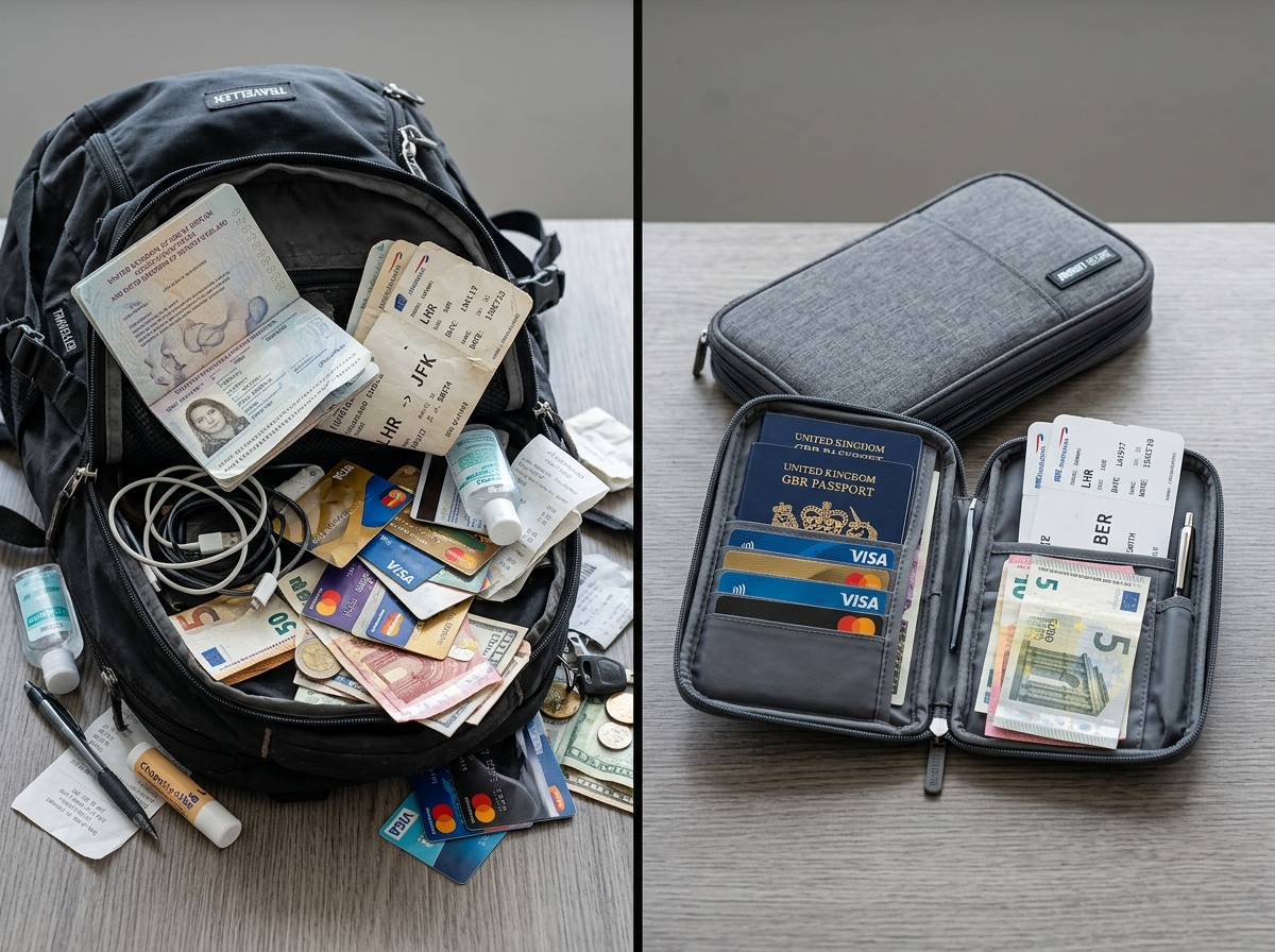 Comparison between a cluttered backpack and an organized document holder - secure travel document holder