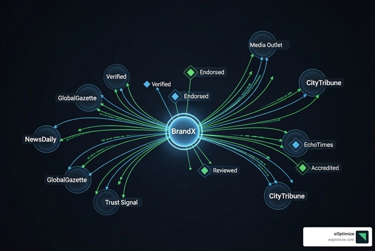 Network graph connecting a brand to media outlets and trust signals - does investing in pr help with ai search visibility