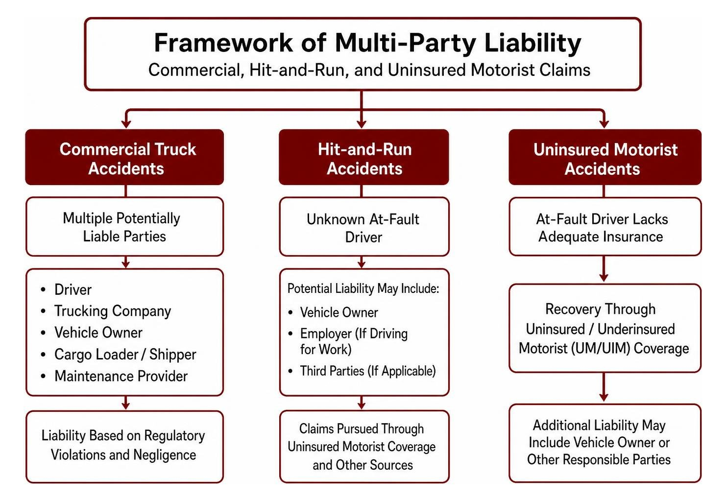 Framework of multi-party liability in commercial, hit-and-run, and uninsured motorist claims Framework of multi-party liability in commercial, hit-and-run, and uninsured motorist claims