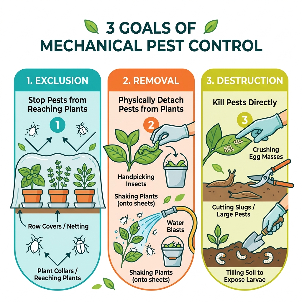 Infographic: three goals of mechanical pest control — exclusion, removal, destruction with examples - mechanical pest