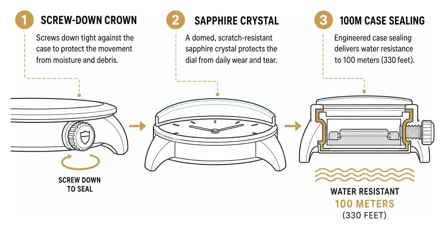Engineering breakdown showing screw-down crown, sapphire crystal, and 100m case sealing Engineering breakdown showing screw-down crown, sapphire crystal, and 100m case sealing