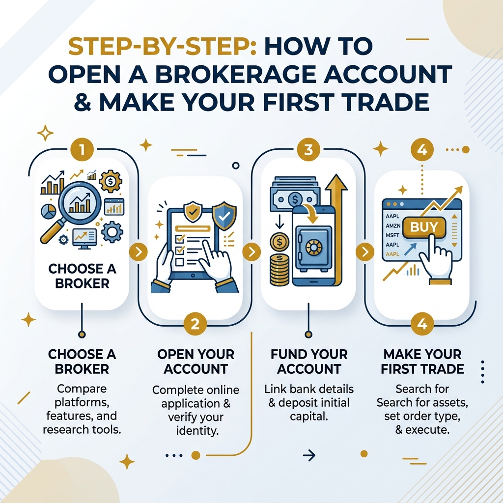 Step-by-step infographic showing how to open a brokerage account from choosing a broker to first trade - best brokerage