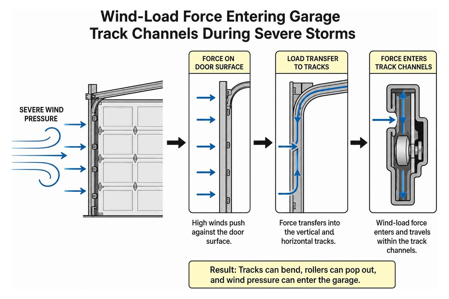 Diagram of wind-load force entering garage track channels during severe storms Diagram of wind-load force entering garage track channels during severe storms