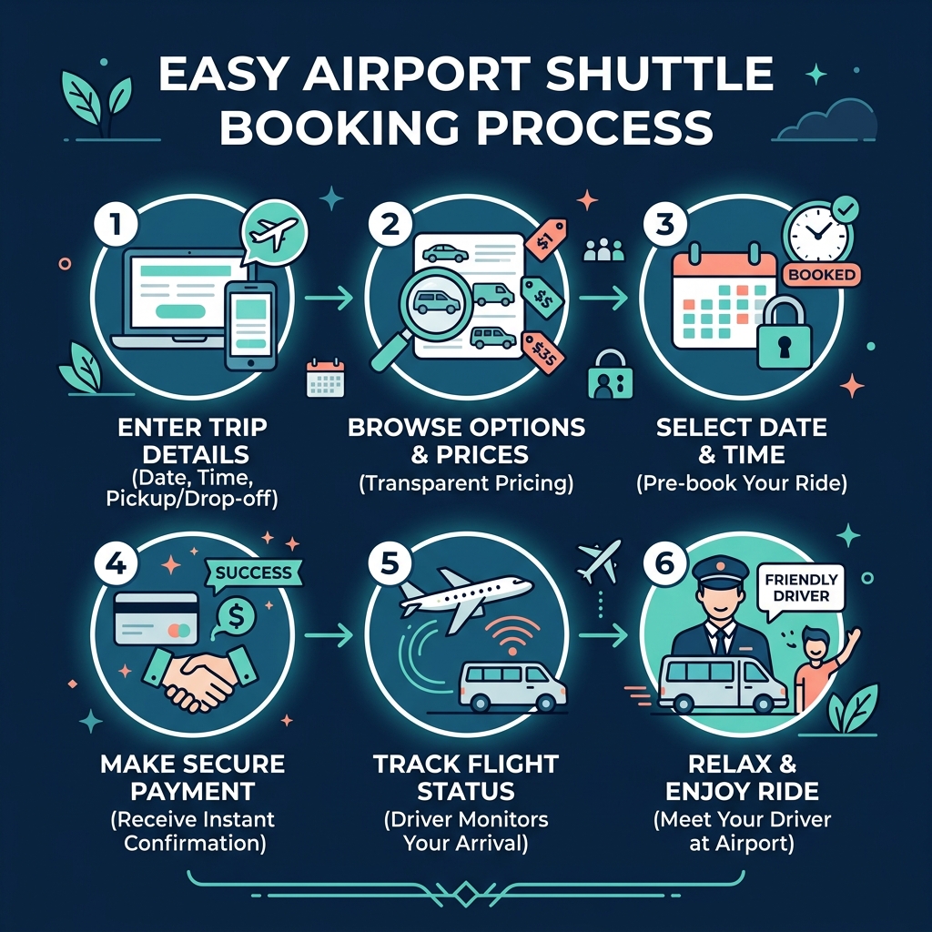 Step-by-step airport shuttle booking process infographic - Reliable airport shuttle service infographic 