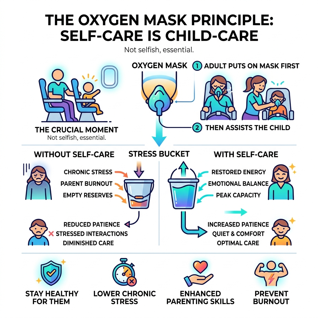 Oxygen Mask Principle infographic showing why single parents must care for themselves first to care for their children Oxygen Mask Principle infographic showing why single parents must care for themselves first to care for their children