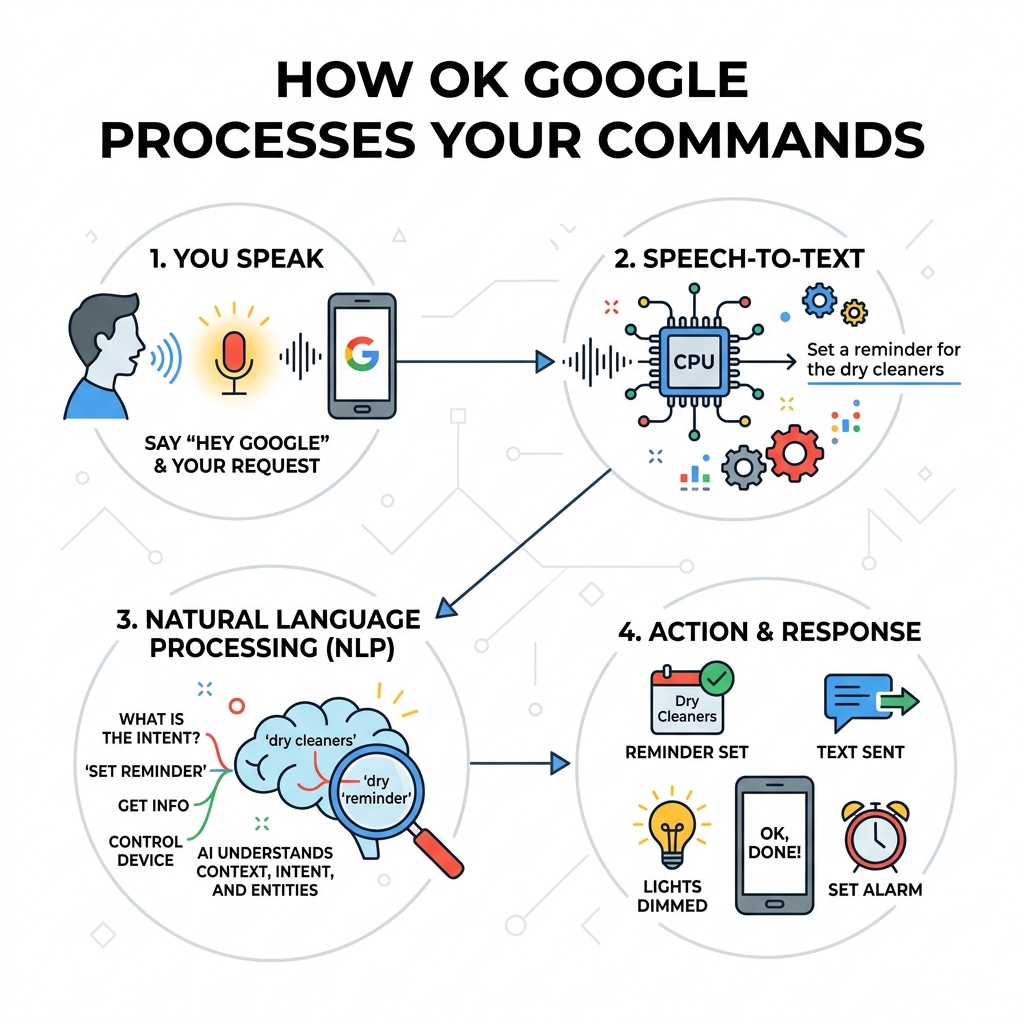 Infographic showing how Ok Google voice recognition processes spoken commands into actions - voice assistant ok google