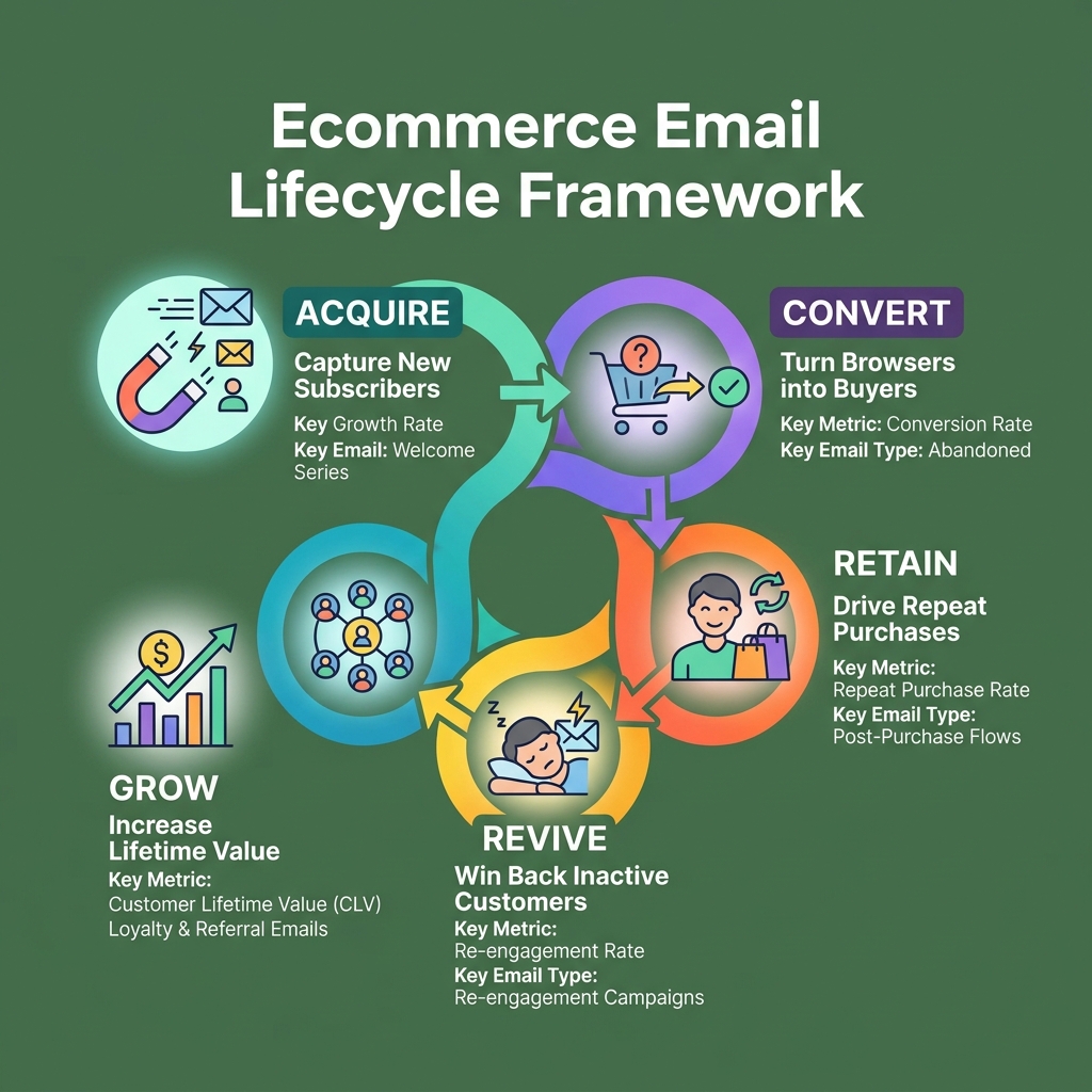 Ecommerce email lifecycle framework showing stages from acquisition to win-back with key metrics - ecommerce email marketing