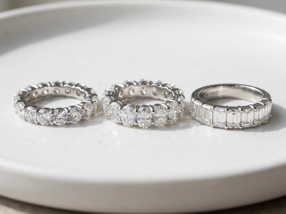 Various diamond shapes including round, oval, and emerald in eternity settings - eternity lab diamond band