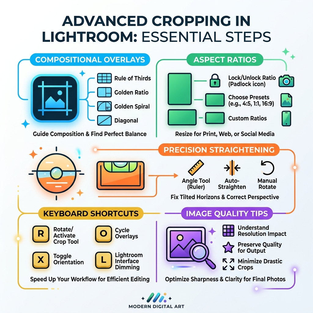 Infographic showing key advanced cropping steps in Lightroom: overlays, aspect ratios, straightening, shortcuts, quality Infographic showing key advanced cropping steps in Lightroom: overlays, aspect ratios, straightening, shortcuts, quality