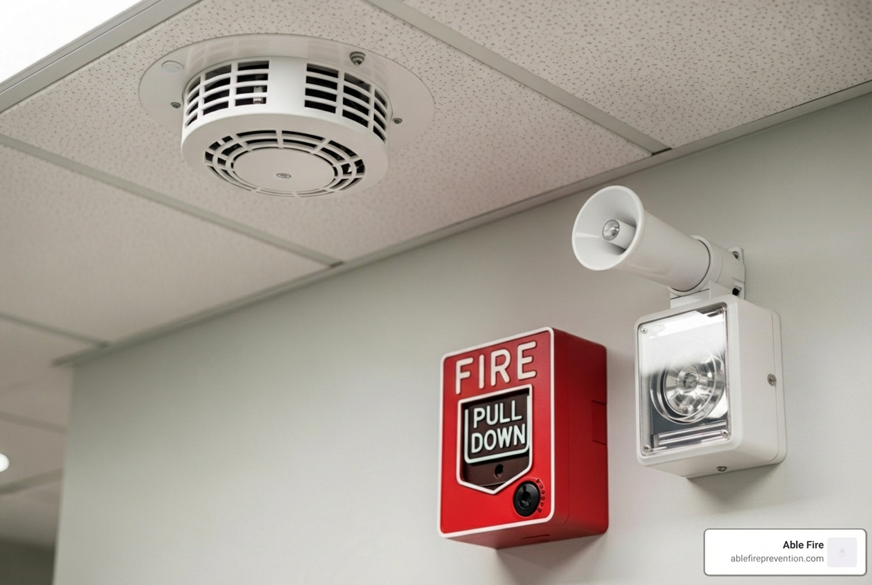 different fire alarm components (smoke detector, pull station, horn strobe) - fire alarm installation services