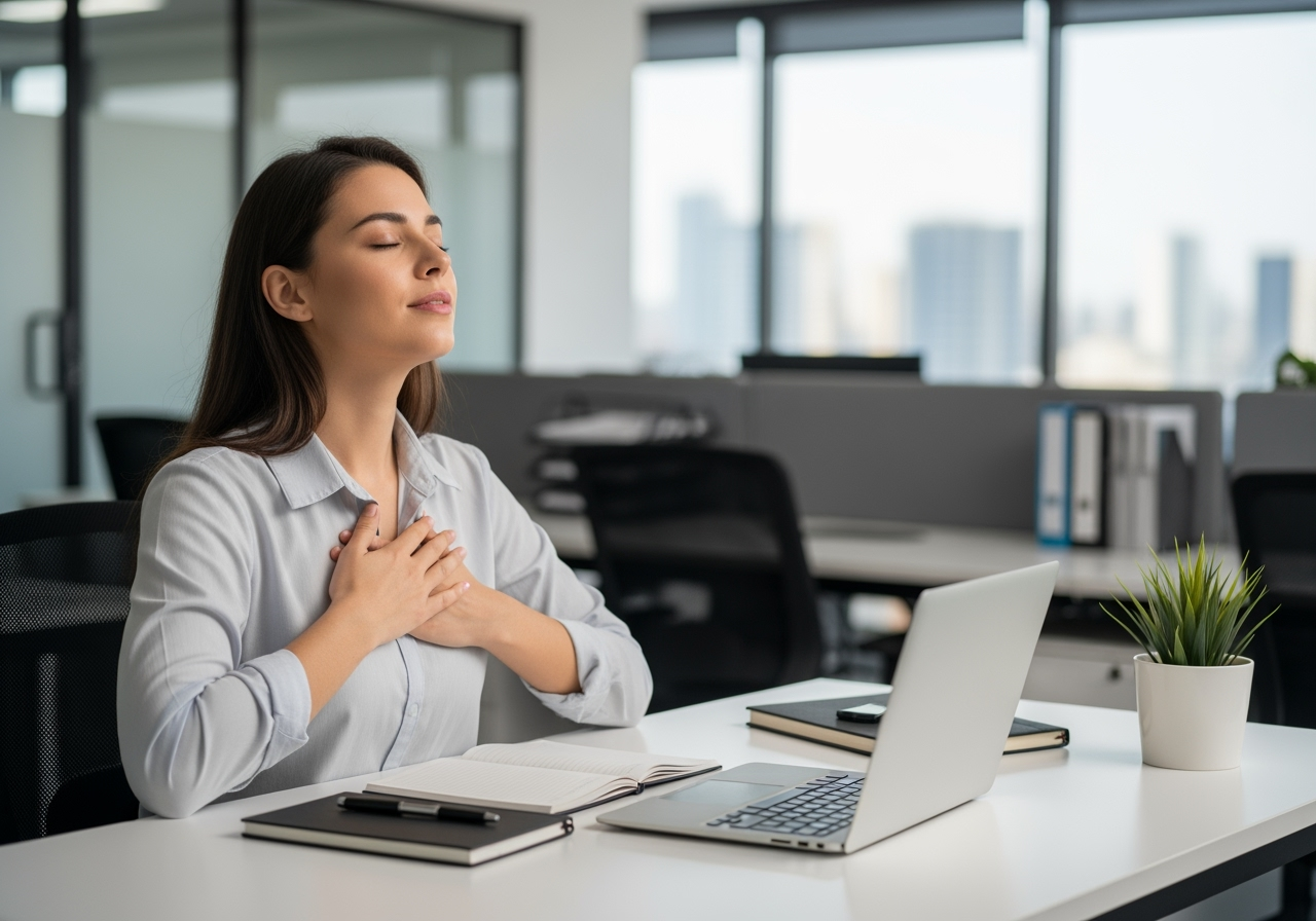 person pausing at their desk, eyes closed, taking a breath - mindfulness for work stress person pausing at their desk, eyes closed, taking a breath - mindfulness for work stress