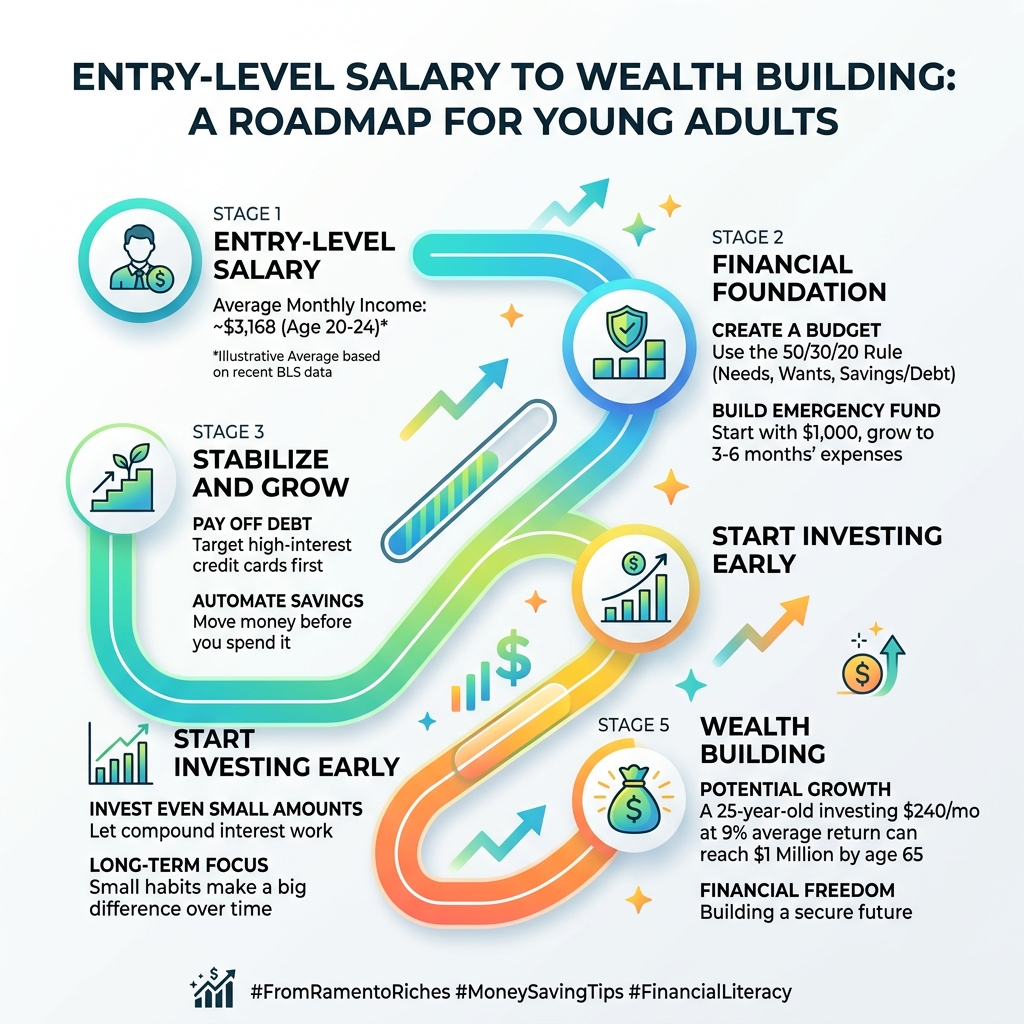 Roadmap infographic: from entry-level salary to wealth building for young adults - money saving tips for young adults