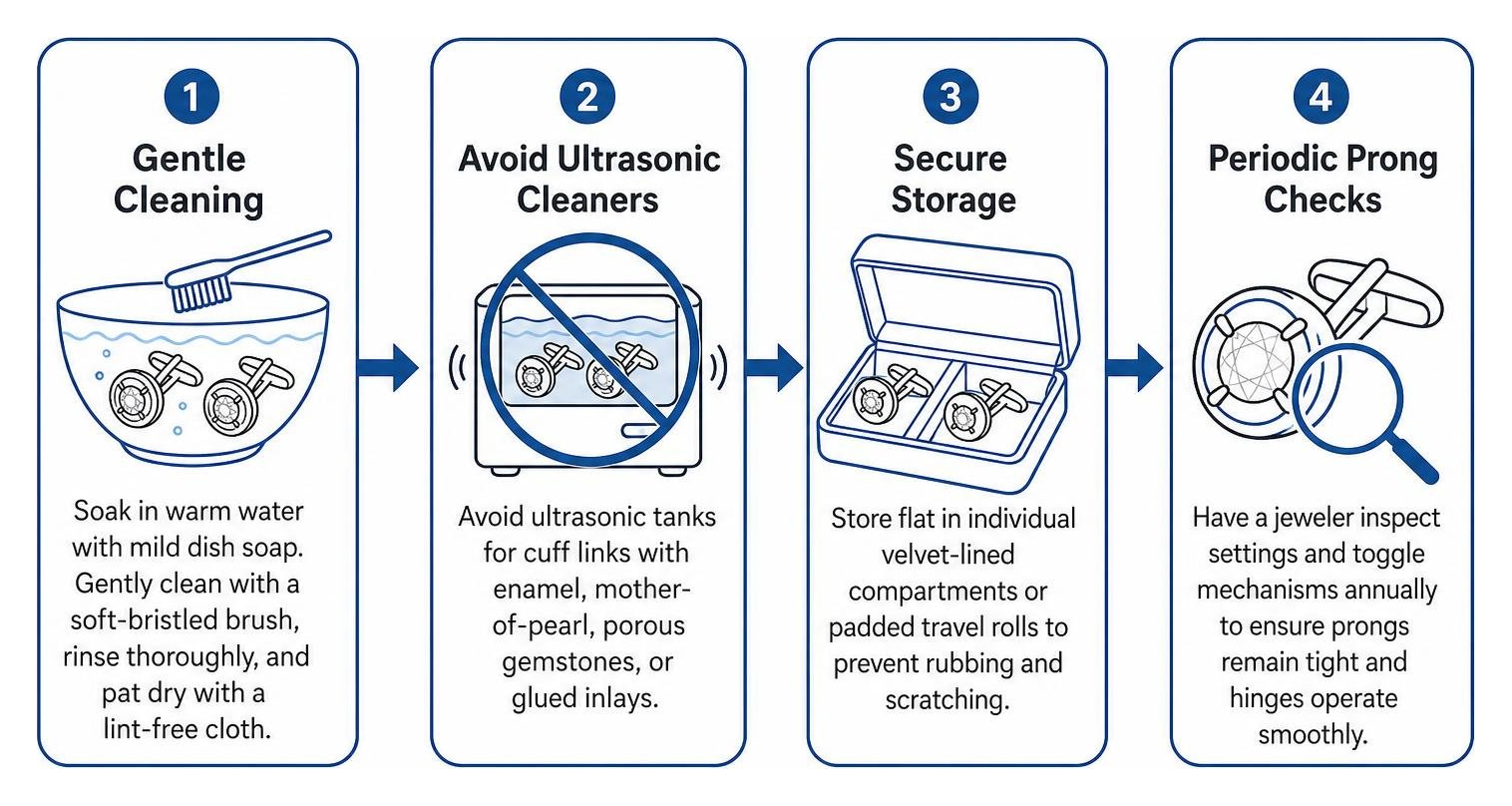 Proper step-by-step cleaning and care sequence for fine cufflinks