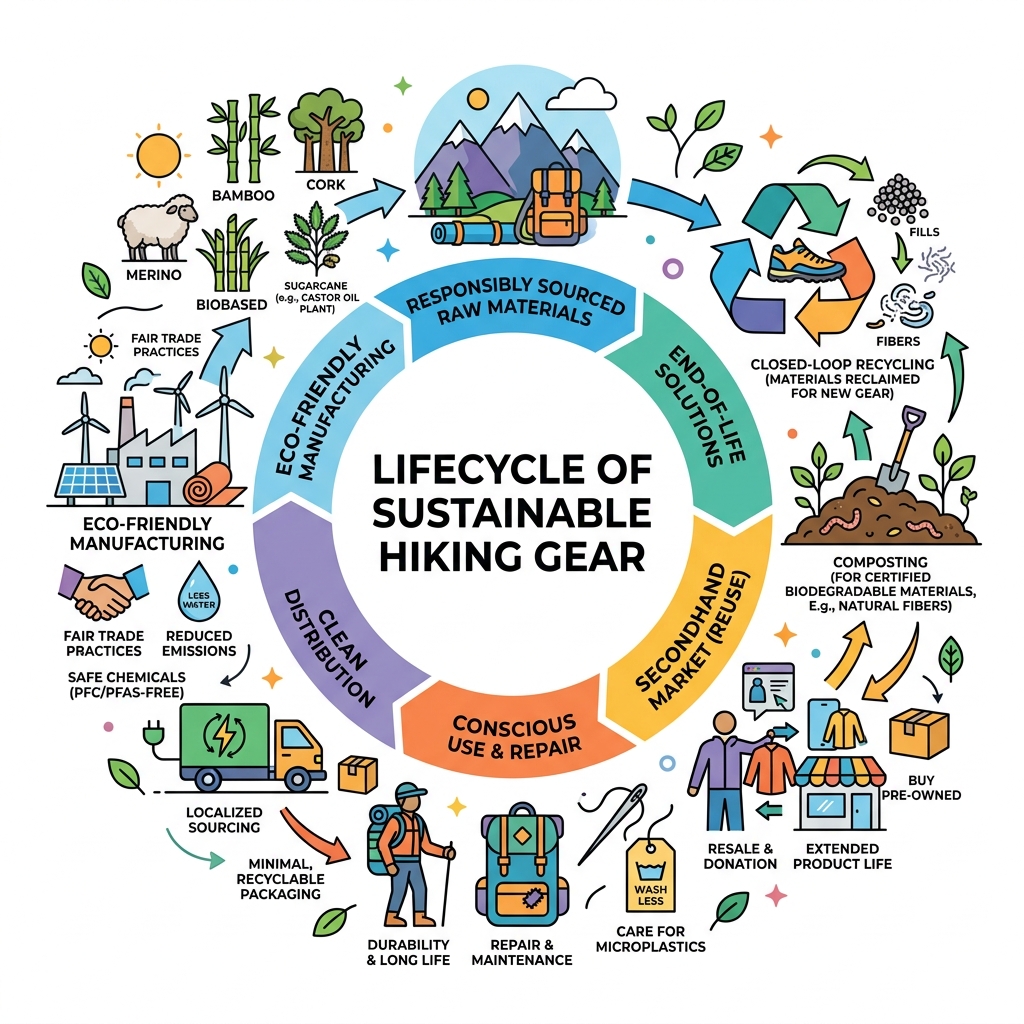 Lifecycle of sustainable hiking gear from raw materials to end-of-life recycling or composting - sustainable hiking gear
