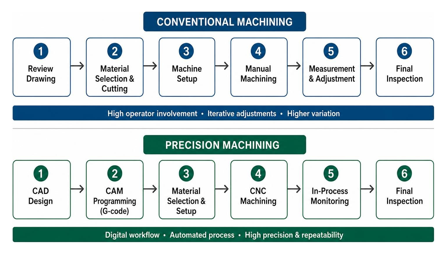 Comparison of the step-by-step workflow between conventional and precision machining Comparison of the step-by-step workflow between conventional and precision machining