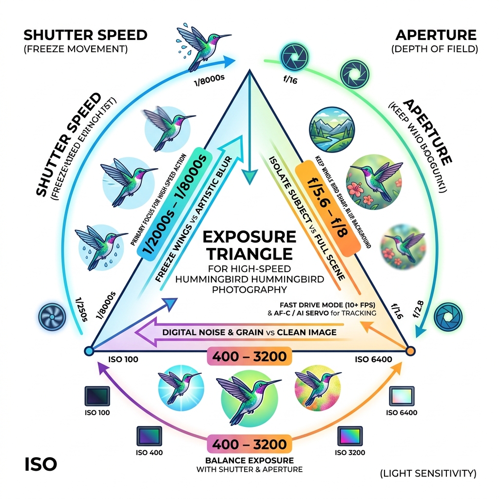 Exposure triangle diagram for high-speed hummingbird bird photography - best camera settings for hummingbird pictures