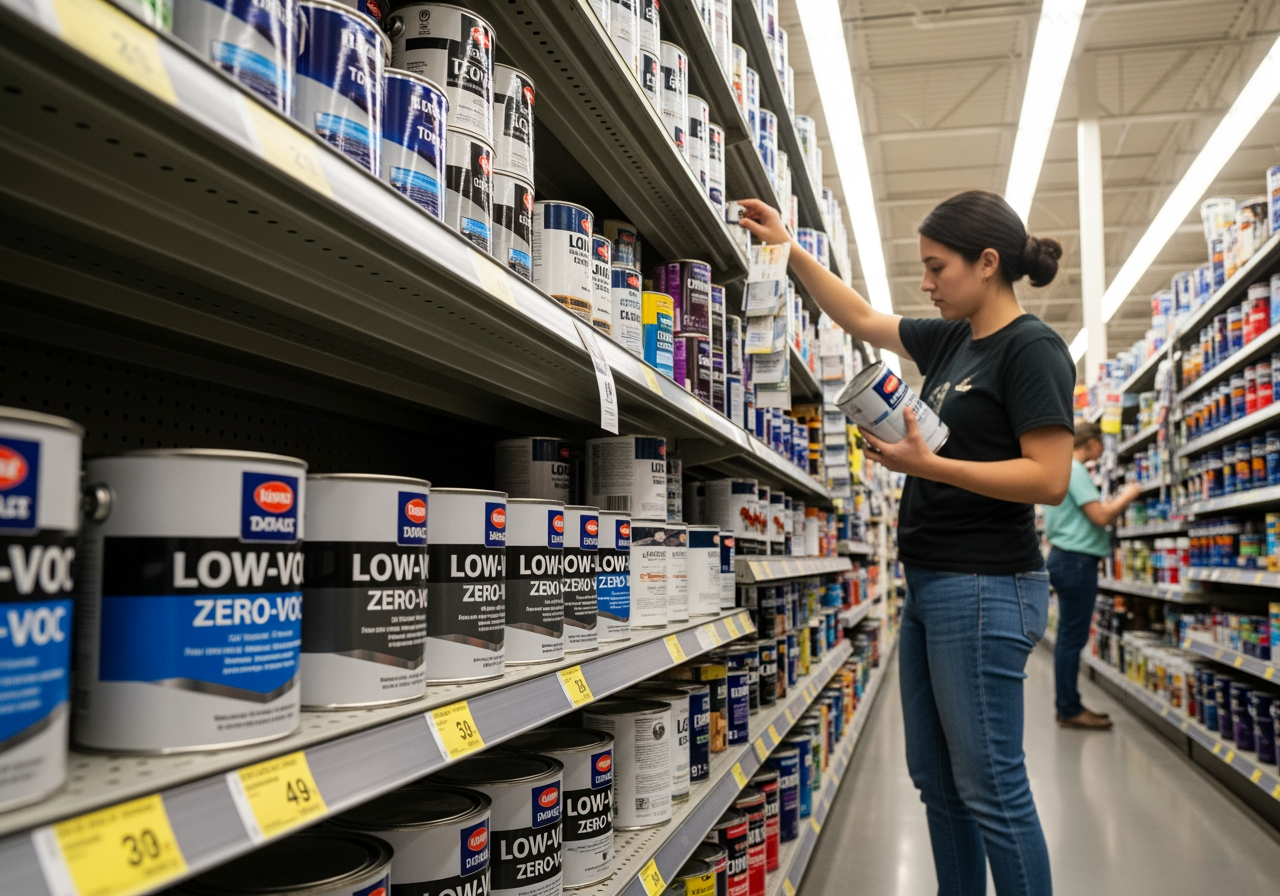 person choosing low-VOC paint - improve indoor air quality