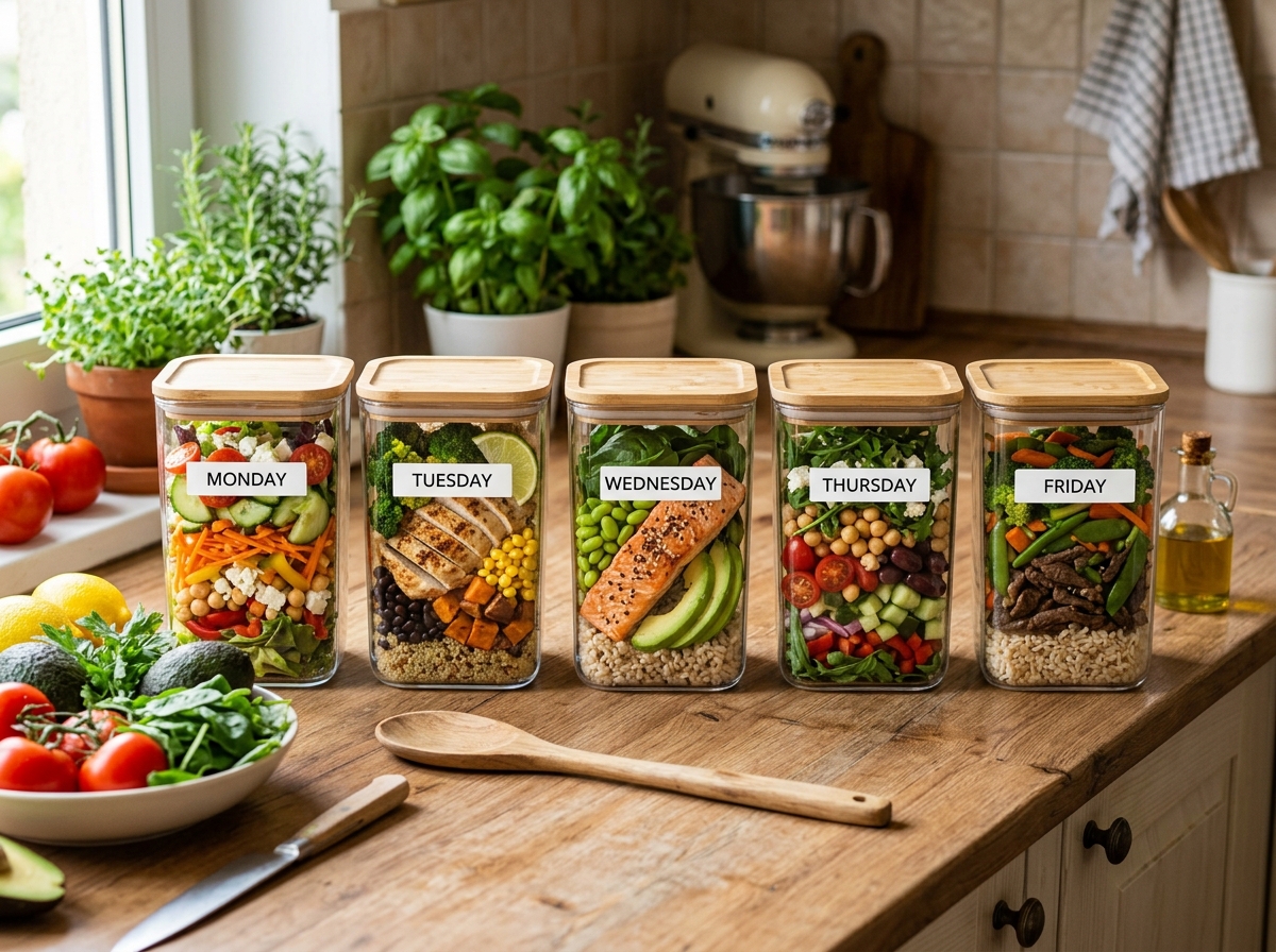 Weekly meal prep grid showing different lunch combinations for Monday through Friday - 1 week lunch meal prep Weekly meal prep grid showing different lunch combinations for Monday through Friday - 1 week lunch meal prep