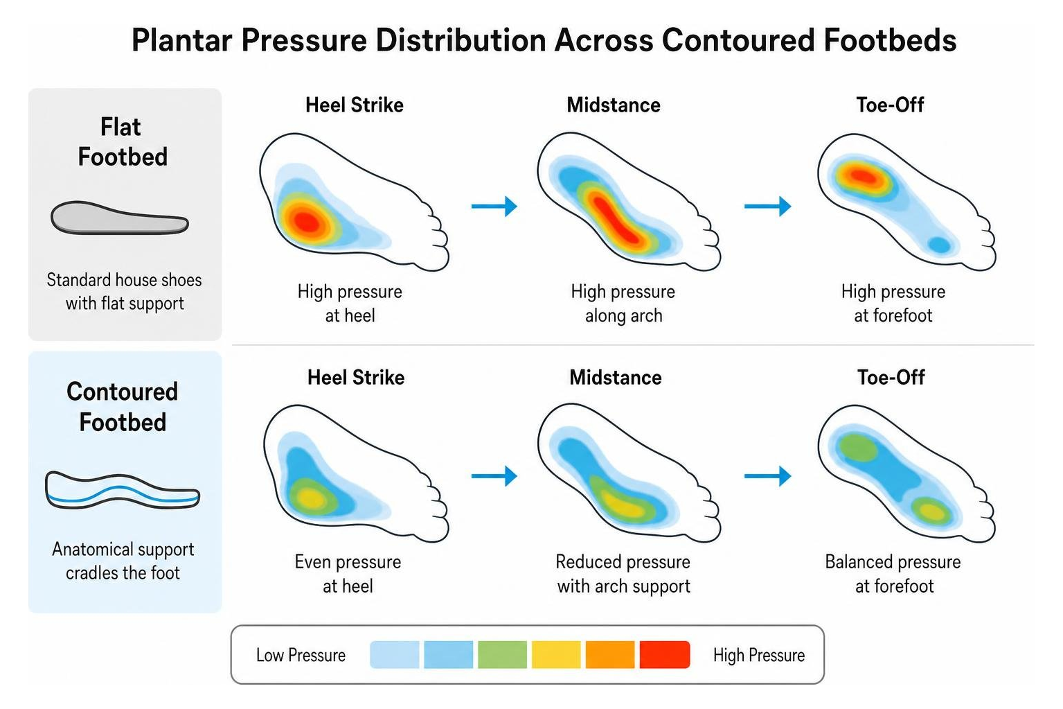Diagram showing plantar pressure distribution across contoured footbeds Diagram showing plantar pressure distribution across contoured footbeds