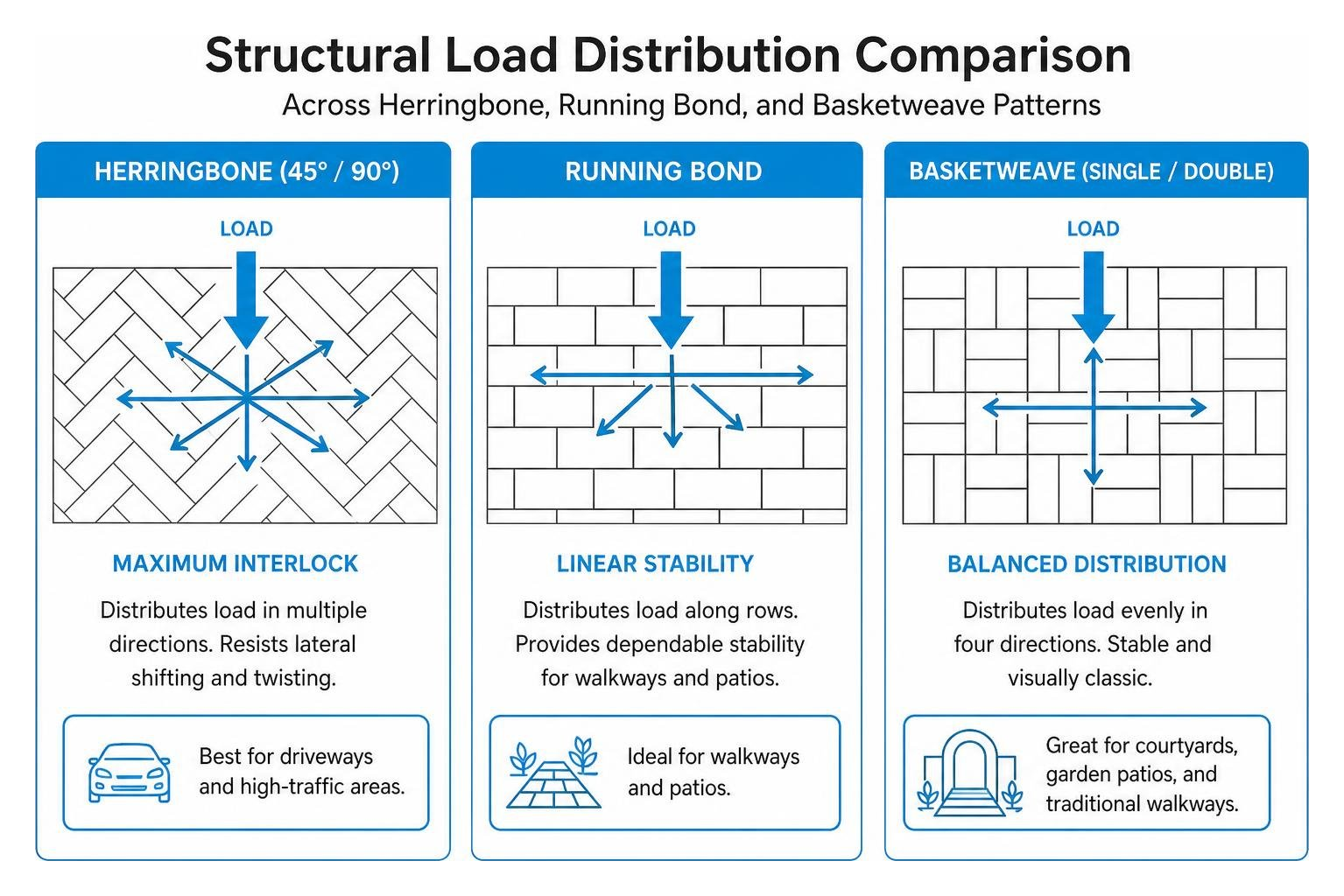 Structural load distribution comparison across herringbone, running bond, and basketweave patterns Structural load distribution comparison across herringbone, running bond, and basketweave patterns