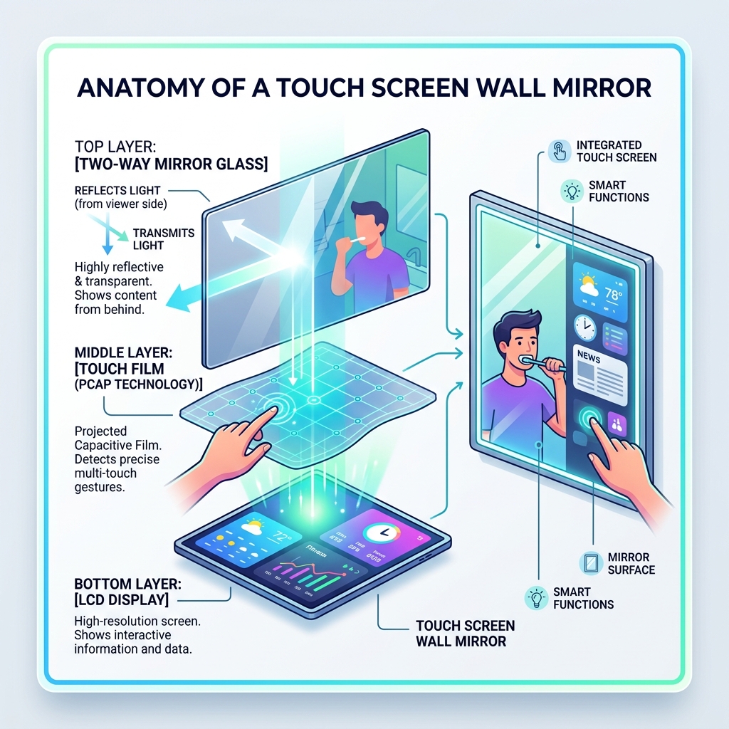 layers of a smart mirror showing glass, touch film, and LCD display - touch screen wall mirror infographic 