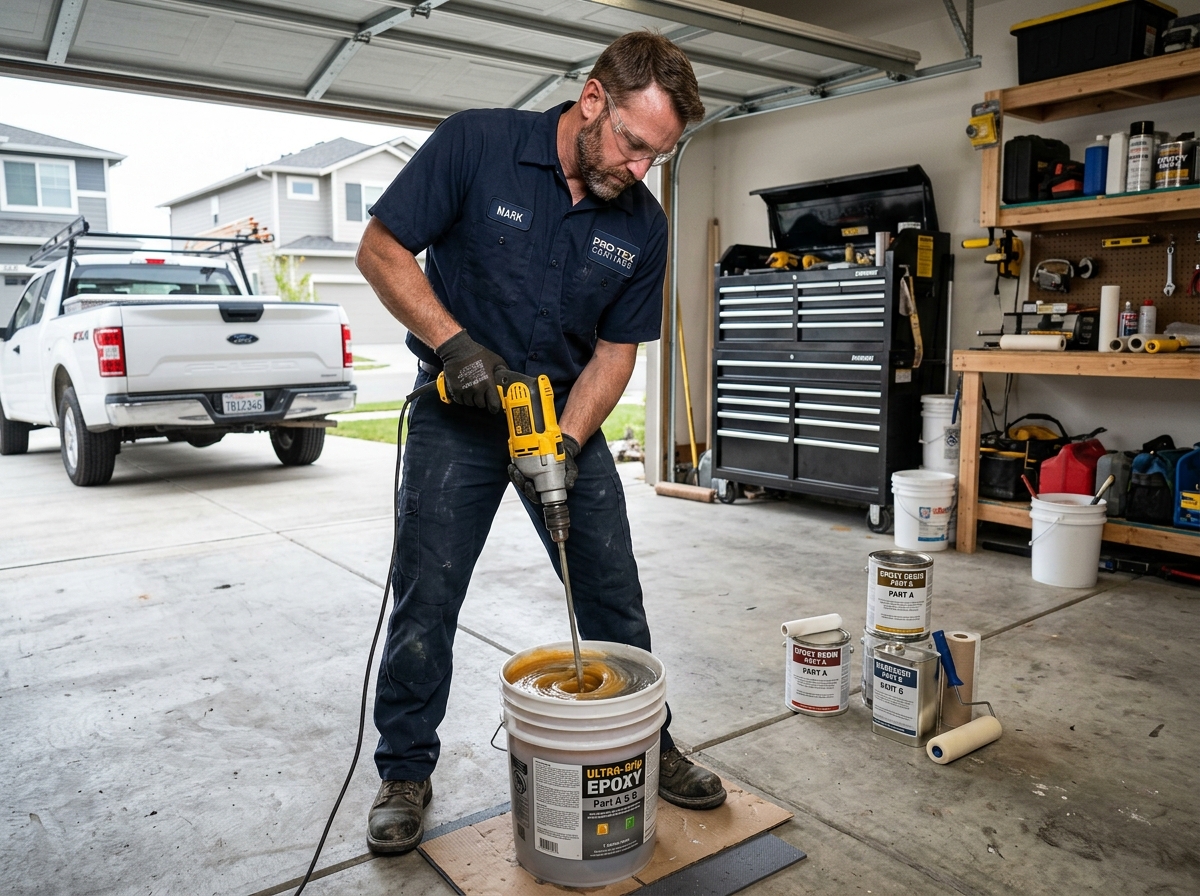 A professional mixing two-part epoxy resin in a bucket - garage floor epoxy flooring A professional mixing two-part epoxy resin in a bucket - garage floor epoxy flooring