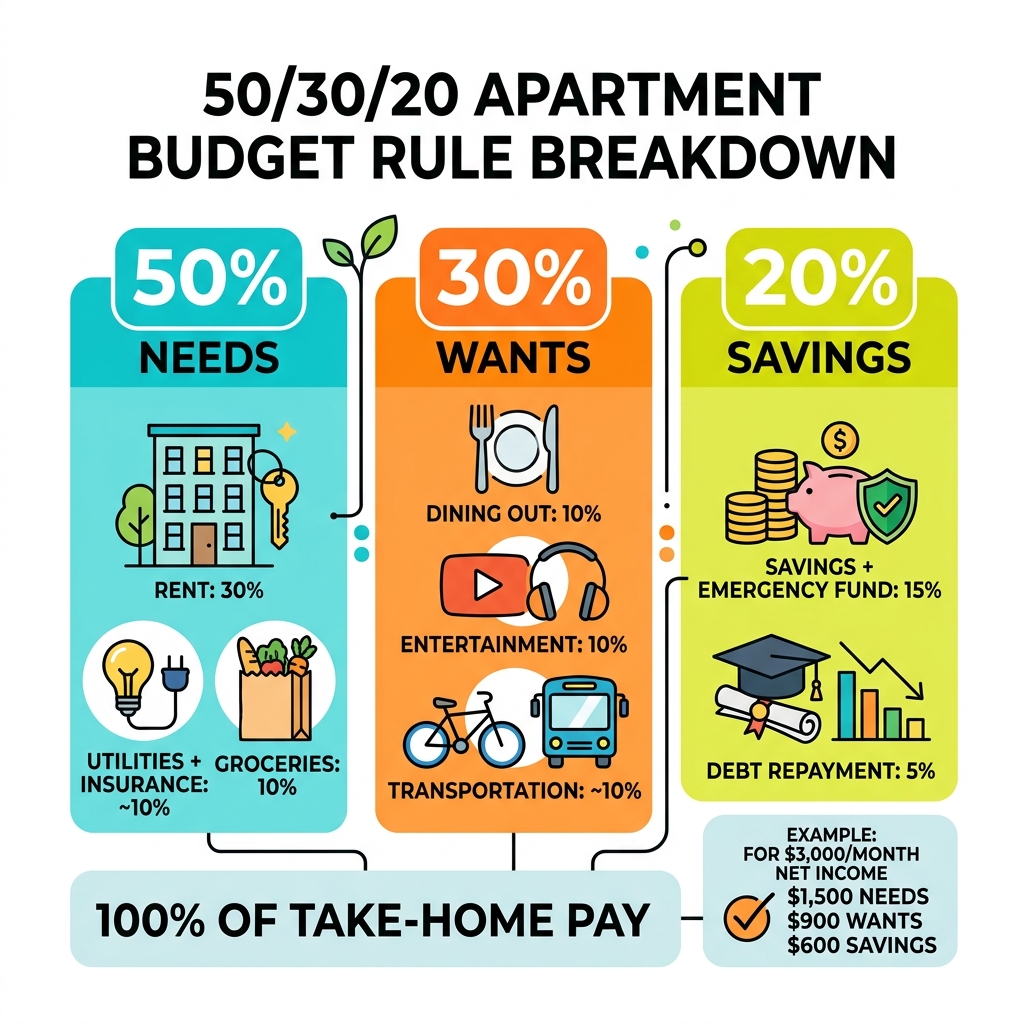 50/30/20 budget rule breakdown for apartment expenses - apartment budget young adults infographic 