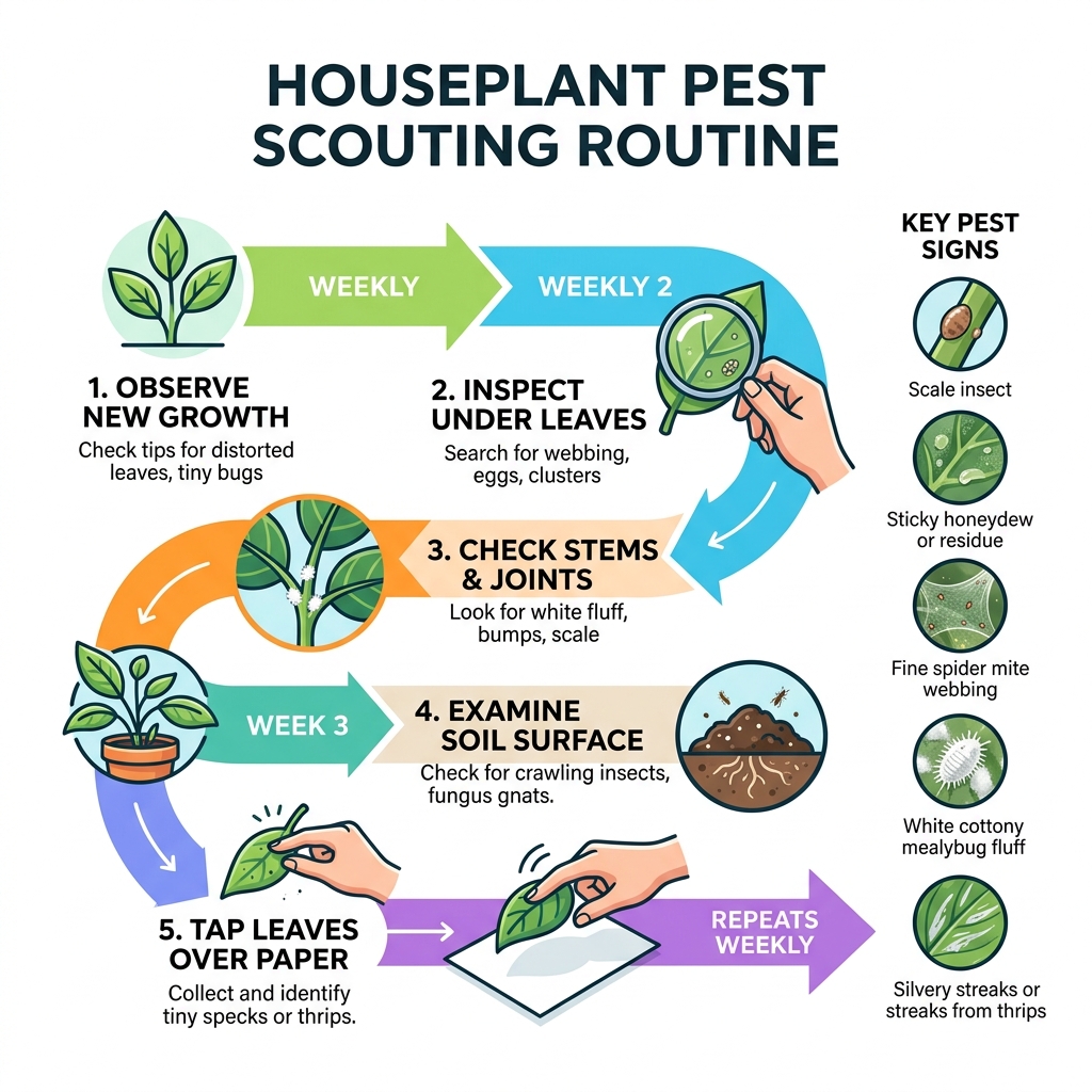 Houseplant pest scouting routine infographic showing weekly inspection steps and key pest signs - indoor plant insects