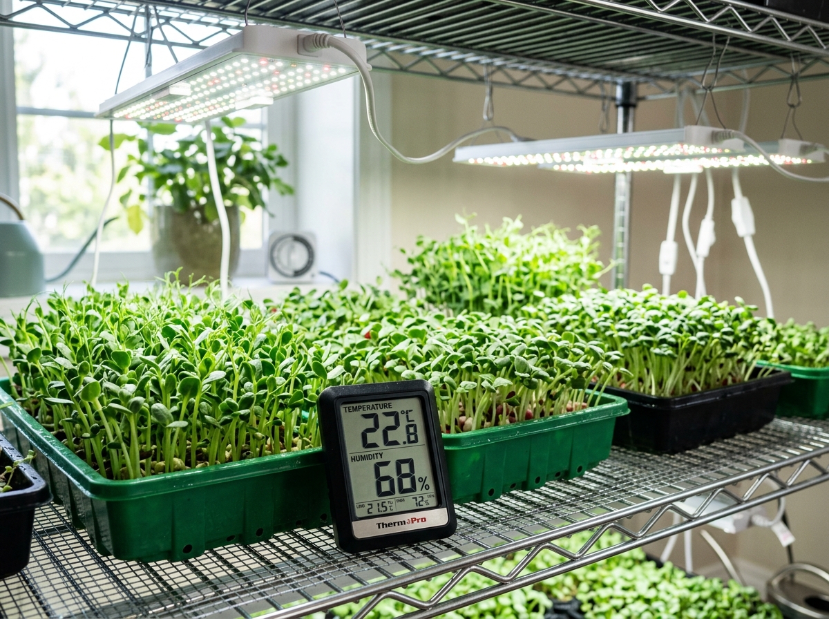 digital hygrometer displaying temperature and humidity levels in a grow area - humidity control microgreens growth