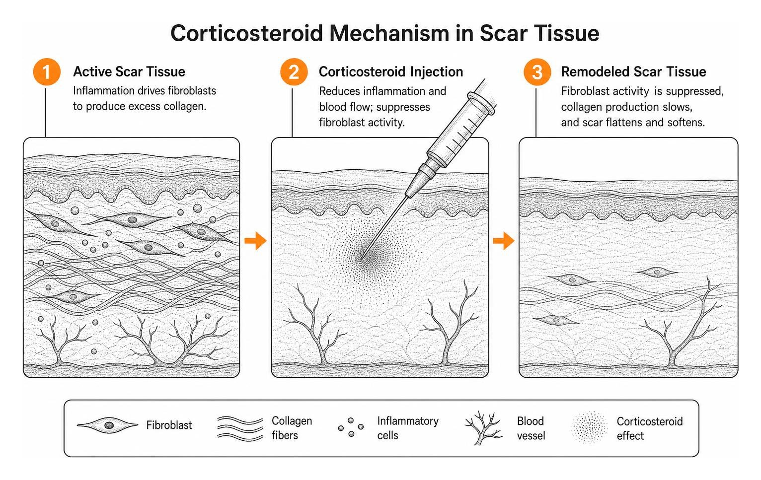 diagram of corticosteroid mechanism suppressing fibroblasts and collagen in scar tissue