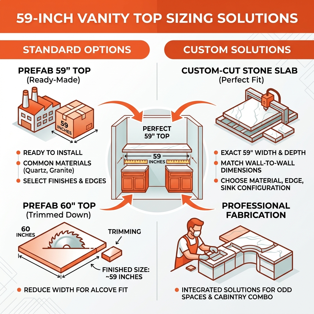 Infographic showing standard vs custom 59-inch vanity top sizing options and solutions - 59 vanity top infographic 