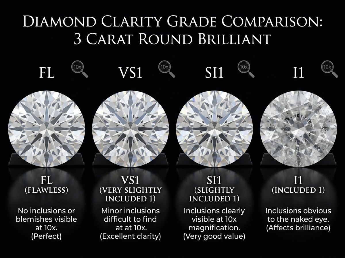 Diagram showing diamond clarity differences and how they appear in 3 carat stones - 3 carat wedding ring Diagram showing diamond clarity differences and how they appear in 3 carat stones - 3 carat wedding ring