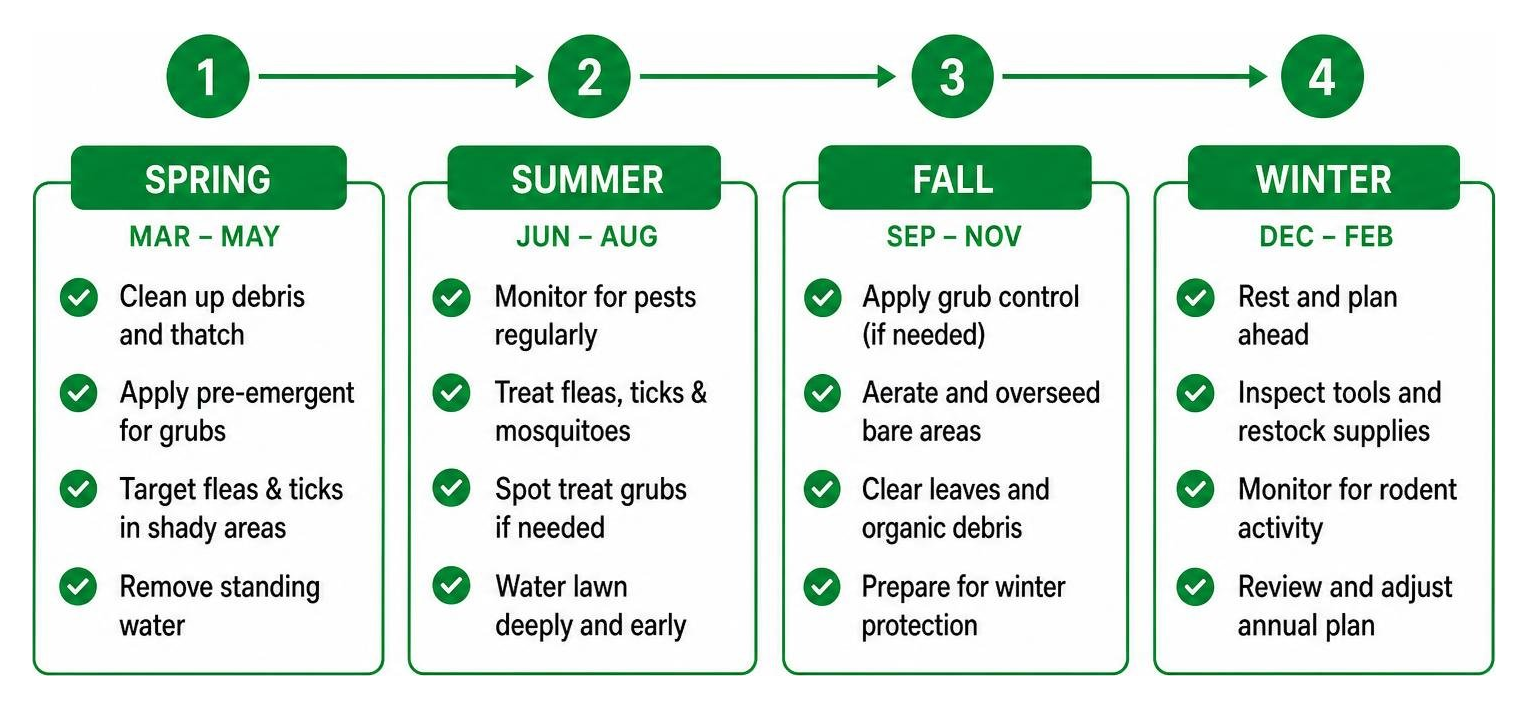Diagram of a step-by-step seasonal yard pest control schedule Diagram of a step-by-step seasonal yard pest control schedule