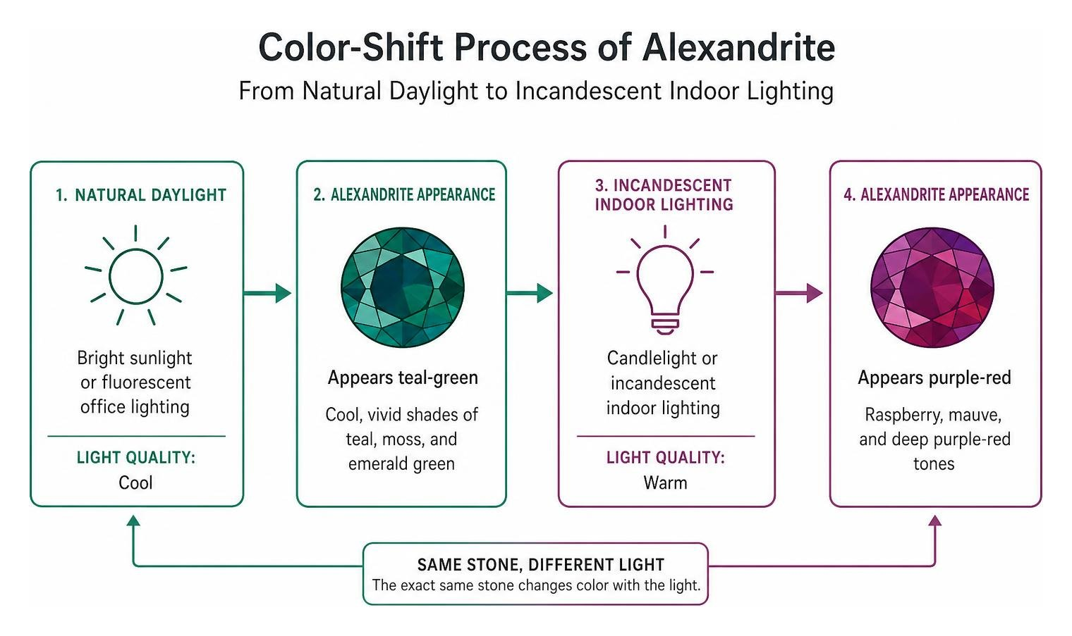 Color-shift process of alexandrite from natural daylight to incandescent indoor lighting Color-shift process of alexandrite from natural daylight to incandescent indoor lighting